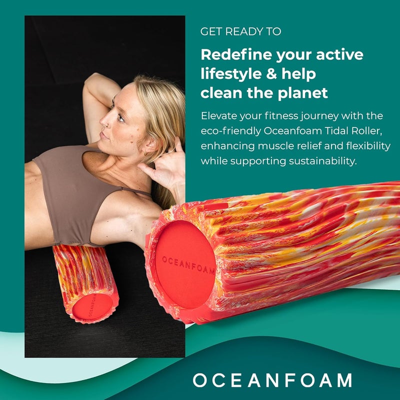 Oceanfoam Tidal Roller - Red, Gold & Natural Marbled - Muscle Massage Foam Roller for Back Pain & Stretching - Firm and Ergonomic Wide Wave Textured - Yoga, Athletics, & Wellness - Full Size, 20" x 5" - Image 3